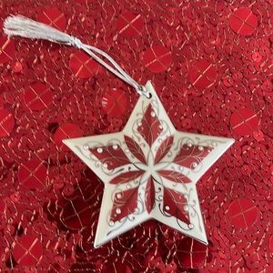 Lenox’s China Jewels Ruby Star. Ornament’s in original box. Red, silver, pearls.
